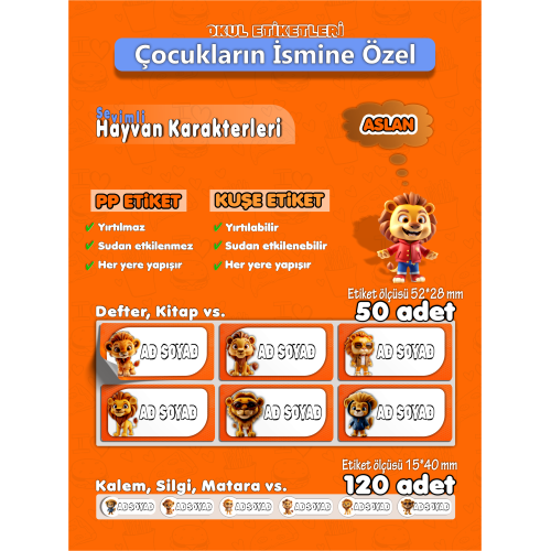 Sevimli Aslanlar İsme Özel Hobi - Okul Etiket Seti - 170 Adet