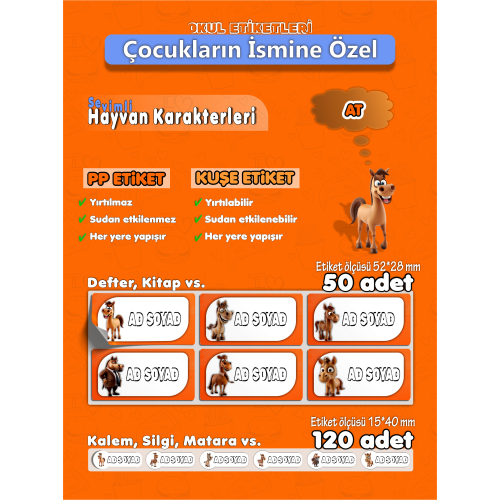 Sevimli Atlar İsme Özel Hobi - Okul Etiket Seti - 170 Adet Sevimli Atlar İsme Özel Hobi - Okul Etiket Seti - 170 Adet