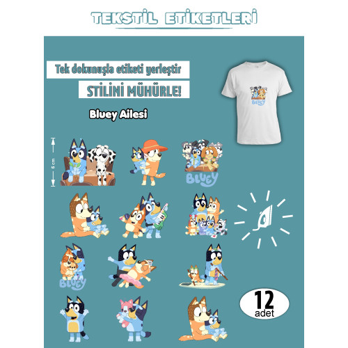 Bluey Ailesi Ütü ile Yapışan Kıyafet Etiketi 12 Adet Bluey Ailesi Ütü ile Yapışan Kıyafet Etiketi 12 Adet