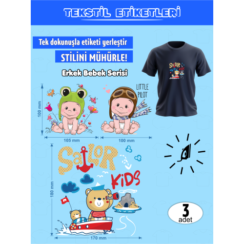 Erkek Bebek Serisi Ütü ile Yapışan Kıyafet Etiketi 3 Adet Erkek Bebek Serisi Ütü ile Yapışan Kıyafet Etiketi 3 Adet