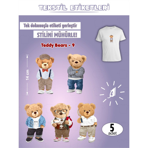 Teddy Bears -9 Ütü ile Yapışan Kıyafet Etiketi 5 Adet